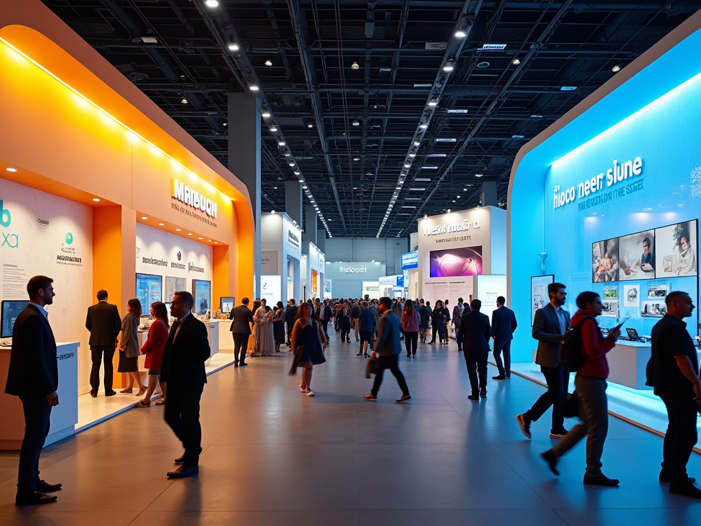 Busy trade show floor with people walking past vibrant, illuminated corporate displays.