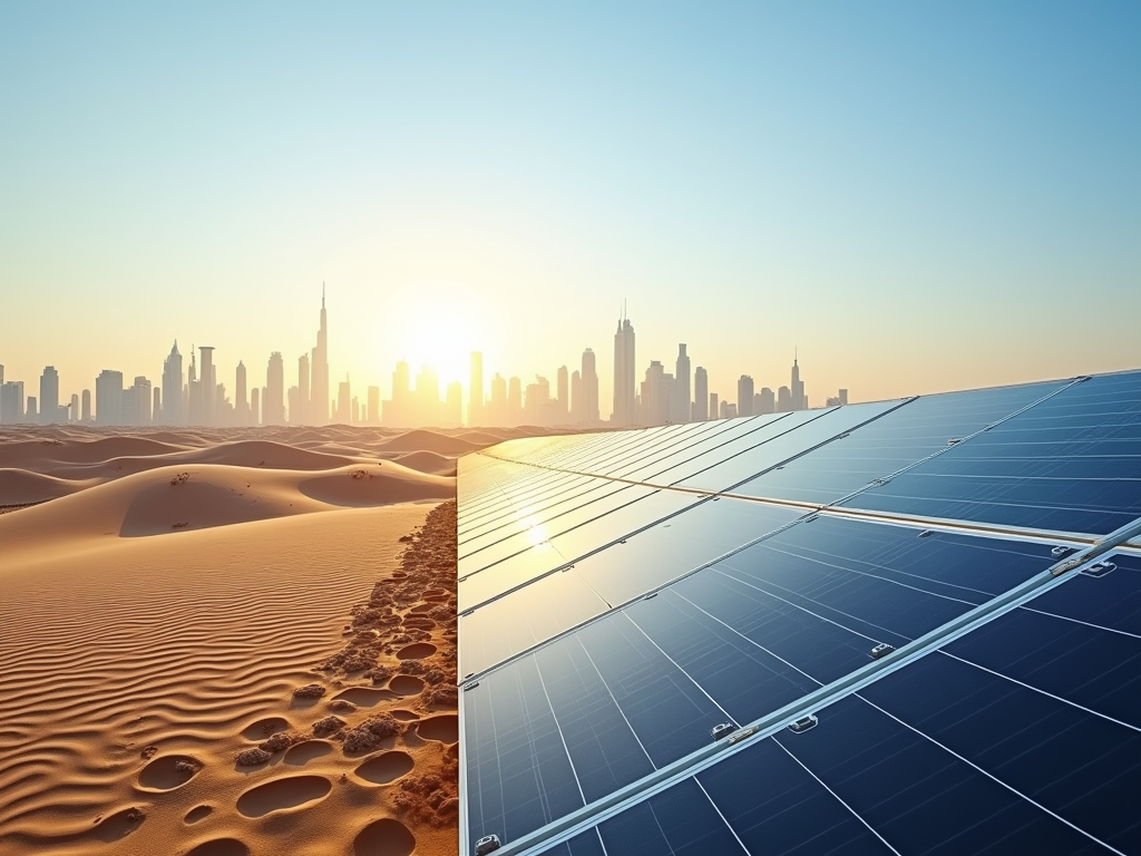 Solar panels on desert sands with a city skyline and setting sun in the background.