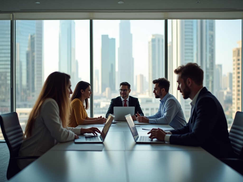 Business professionals having a meeting in a conference room with a city skyline in the background.