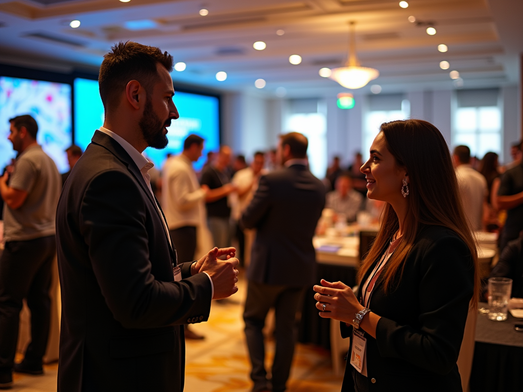 Two professionals conversing at a business conference with people in the background.