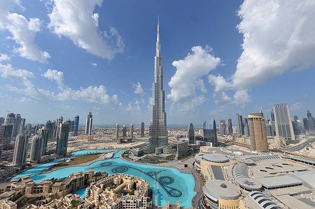 Aerial view of Dubai's iconic Burj Khalifa and surrounding skyscrapers, symbolizing its thriving business hubs.