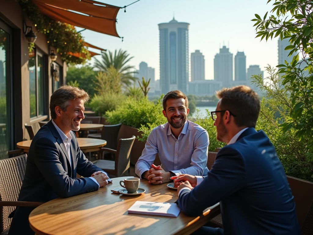 Three men in business attire smiling and talking at an outdoor cafe with city skyline in the background.