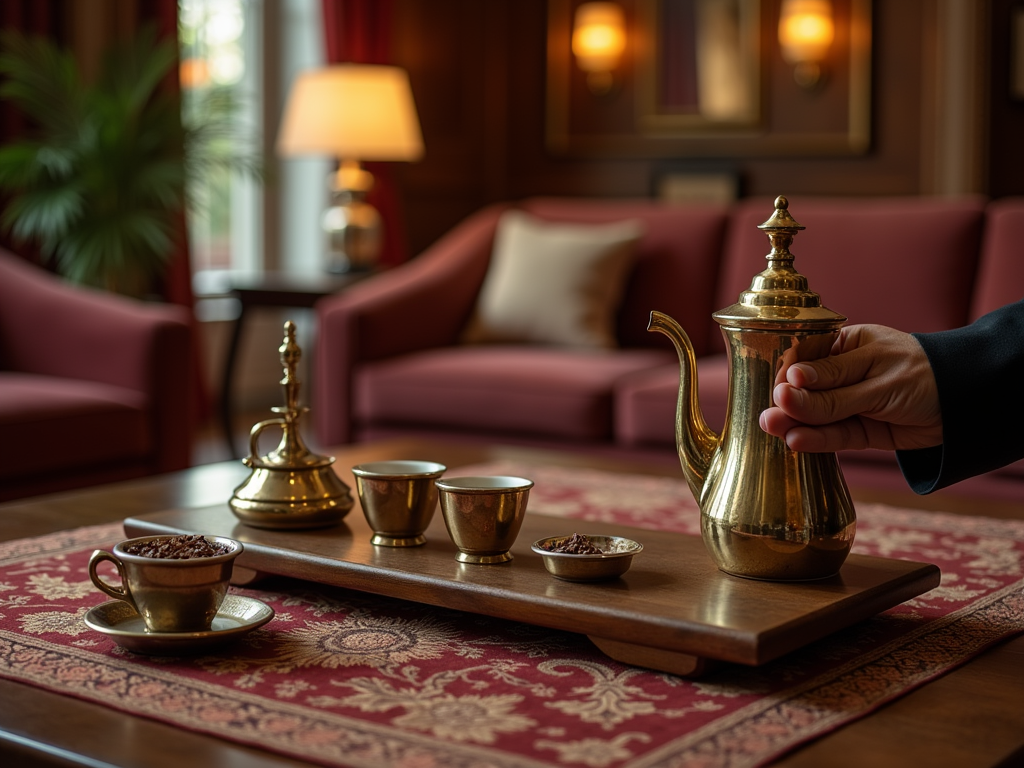 A hand serving traditional coffee from an ornate gold pot in an elegant room.