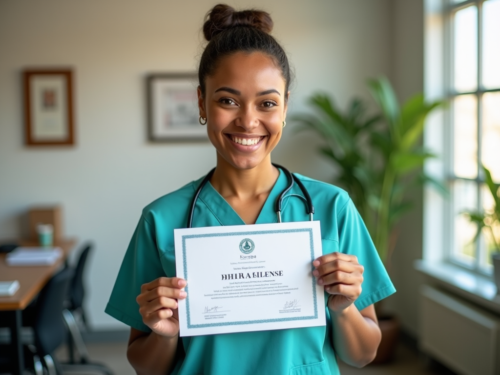 Smiling female nurse in teal scrubs holding a diploma certificate, standing in a well-lit office.