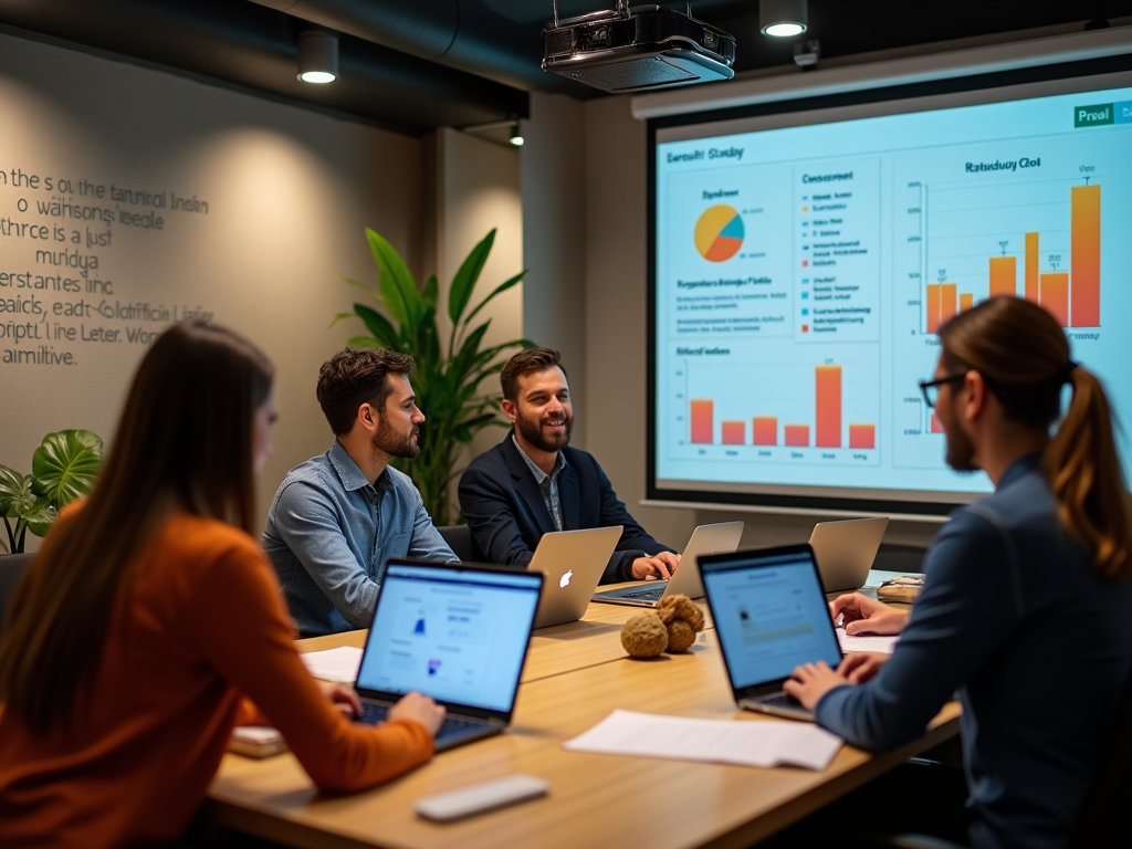 Professionals in a meeting discussing graphs on a screen in a modern office.