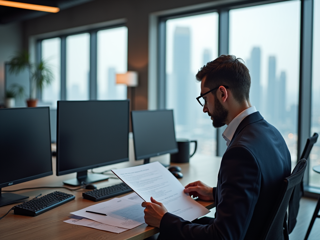 Businessman reviewing documents in an office with multiple monitors and cityscape view.