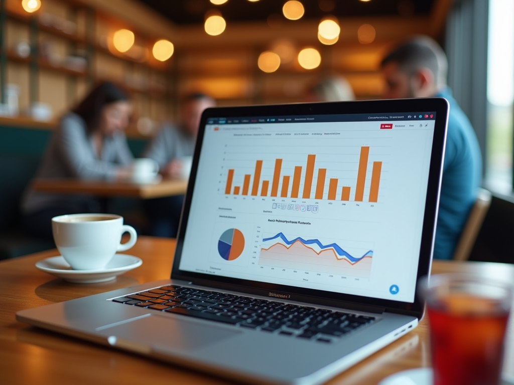 Laptop showing graphs on screen in a café with people in the background and a coffee cup in the foreground.