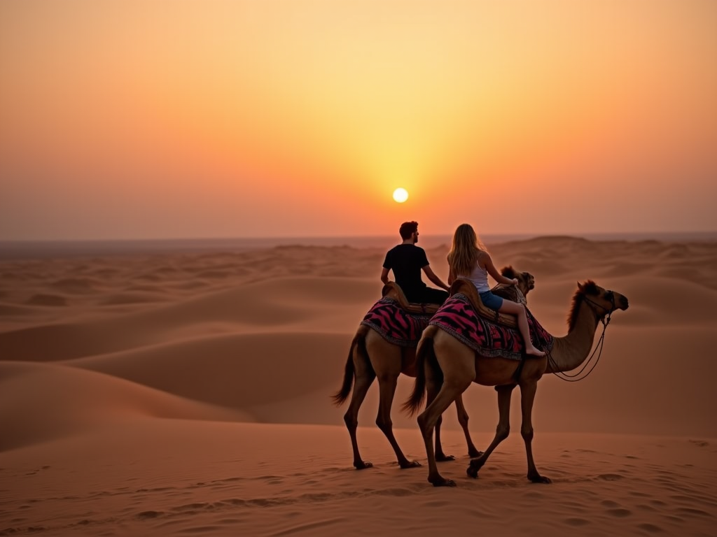 Two people riding camels in the desert at sunset, with golden sand and an orange sky.