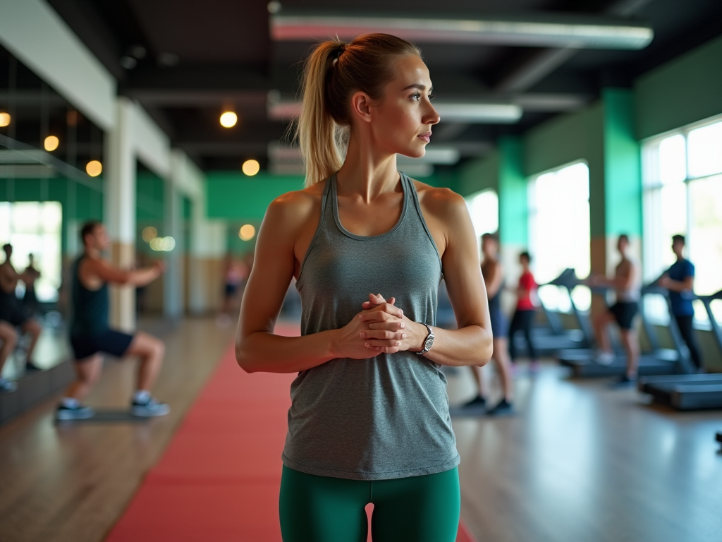 Young woman standing in a gym with group fitness class in background.