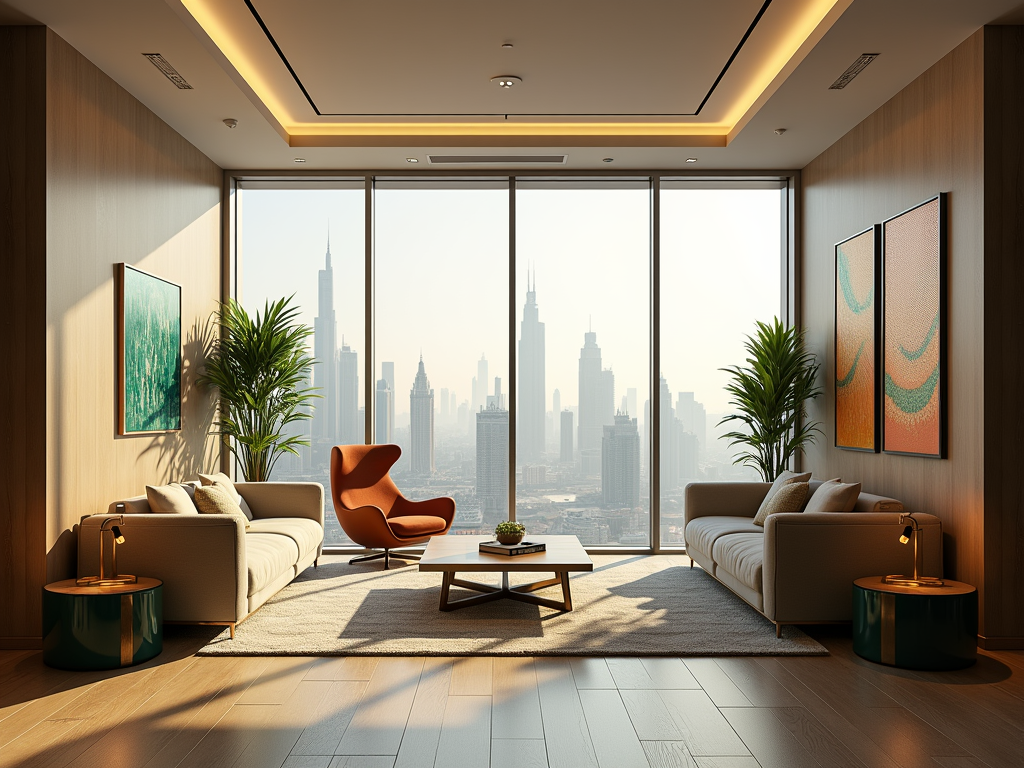 Modern living room with city skyline view, plush sofas, and vibrant art on the walls.