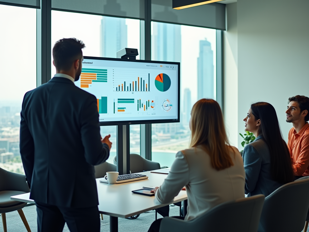 Businessman presenting data charts to colleagues in a modern office with city views.