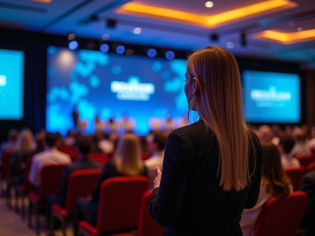 Over-the-shoulder view of a blonde woman at a business conference, observing a panel discussion onstage.