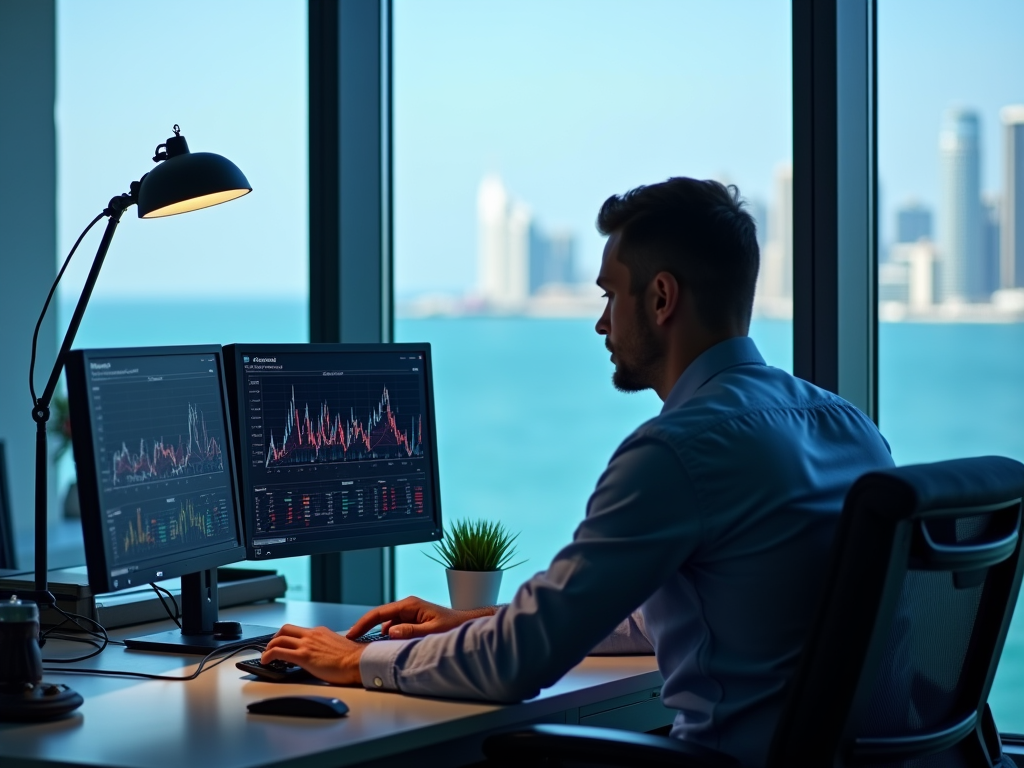 Man analyzes financial graphs on dual monitors in office overlooking city bay.