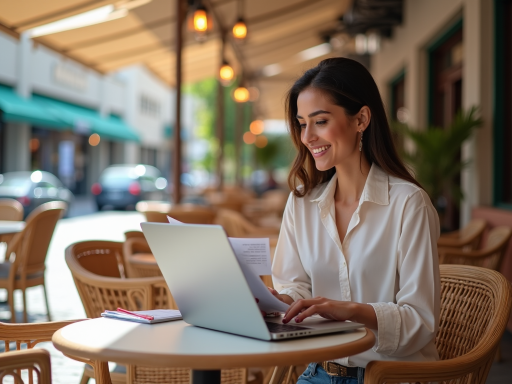 A woman smiling while working on a laptop at a sidewalk cafe table.