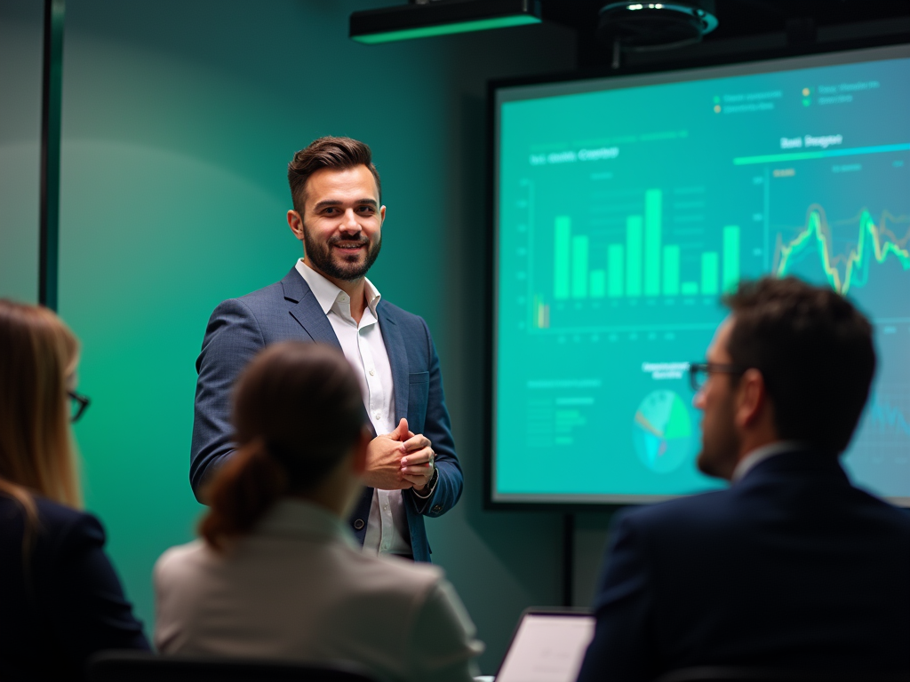 Smiling man presenting financial data on screen to attentive colleagues in a modern office.