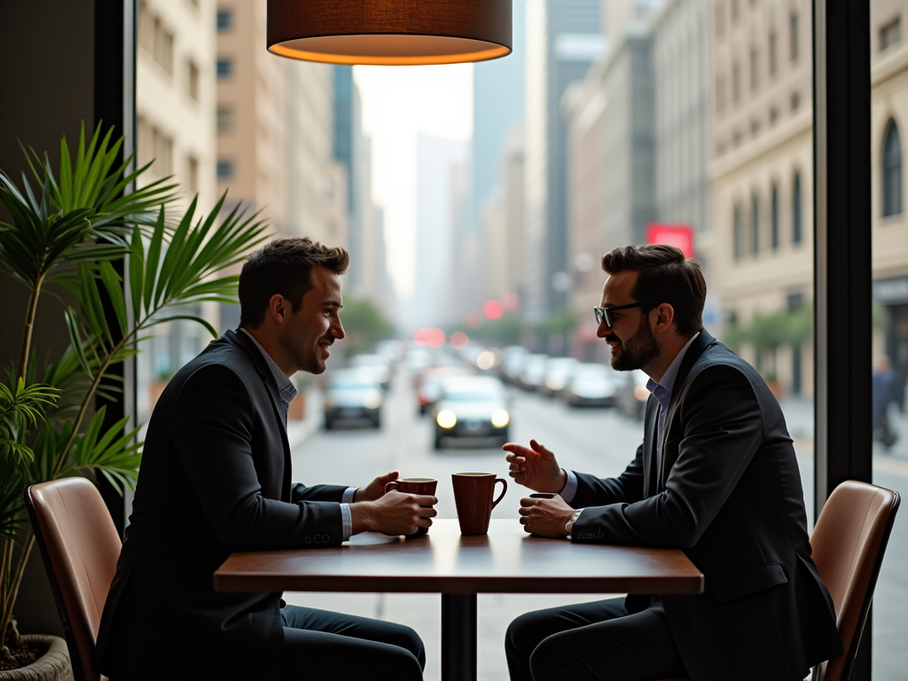 Two men in suits having a conversation over coffee in a city cafe, with a backdrop of busy street.