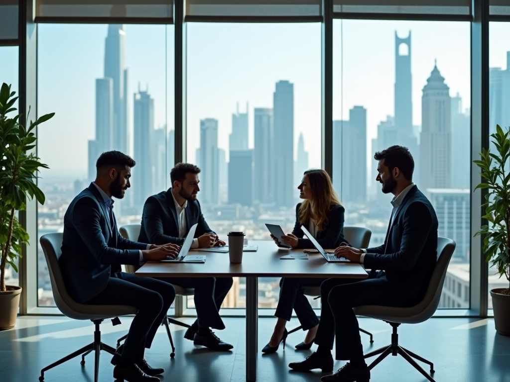 Four business professionals in a meeting with a city skyline in the background.