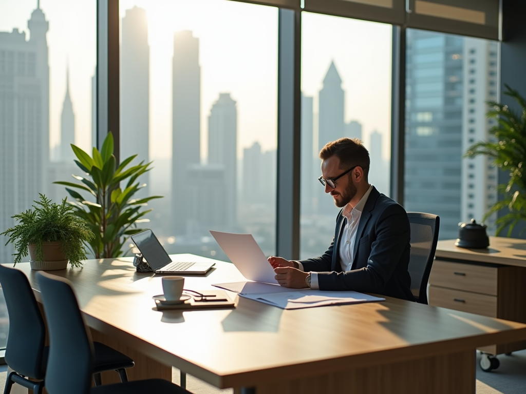 Businessman reviewing documents in a modern office with city skyline in the background.