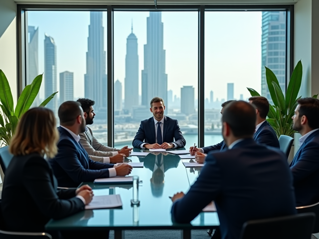 Business meeting in a modern office with cityscape view through large windows.