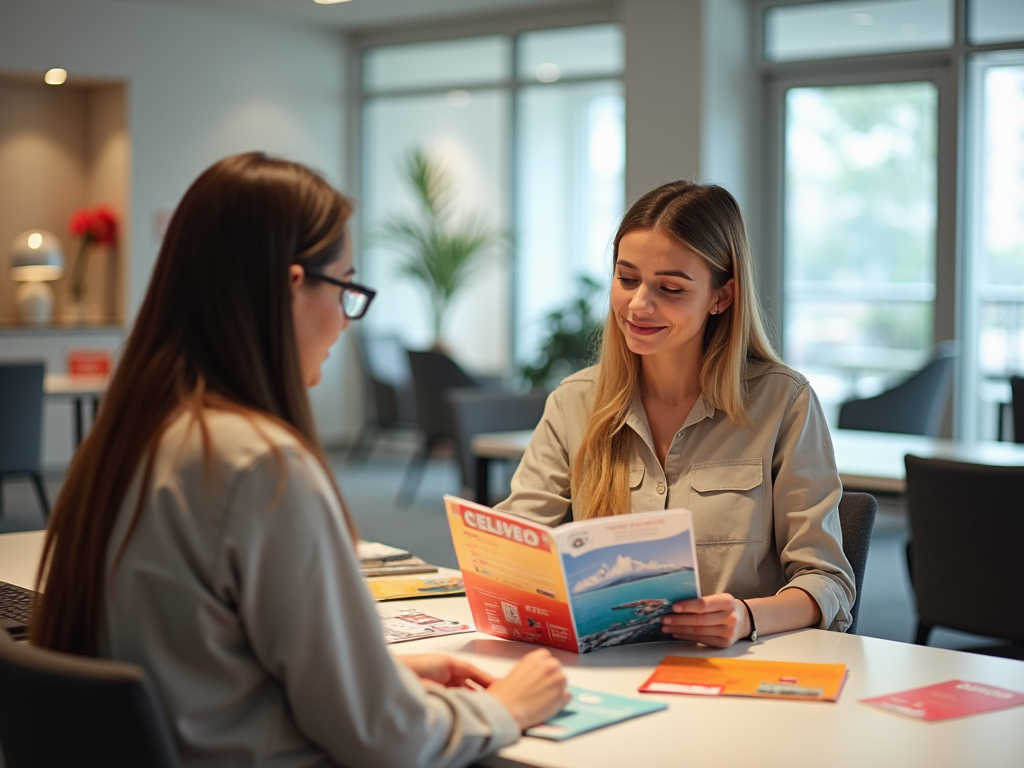 Two women discussing travel brochures at a modern office table.