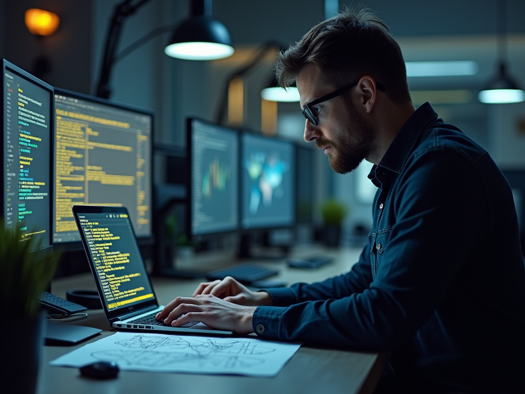 Man coding on laptop in dark office with multiple screens displaying code.