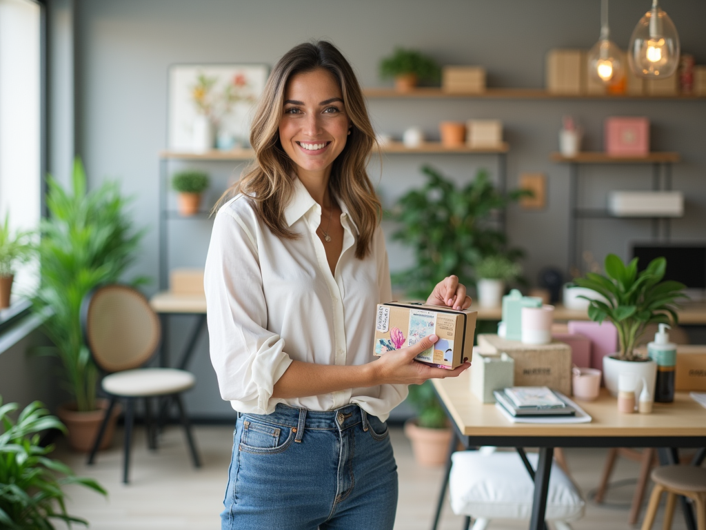 Smiling woman holding a book in a modern home office with plants and stylish decor.