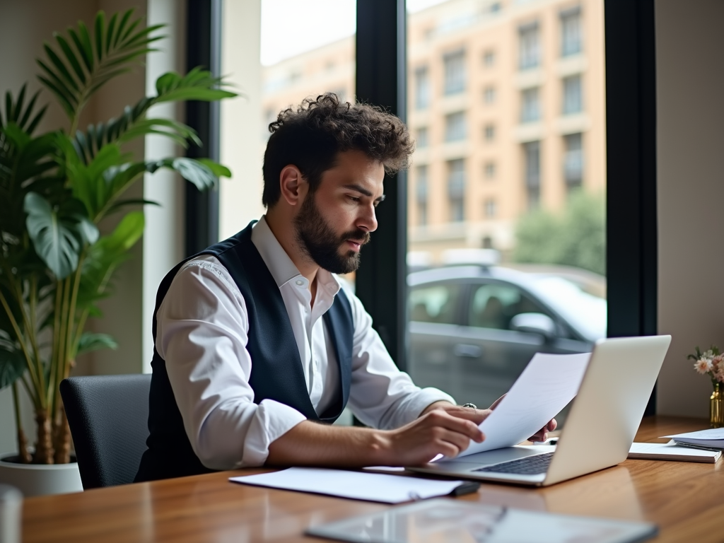 Focused man reviewing documents at desk with laptop, near window.