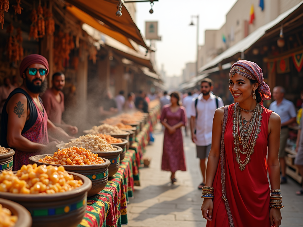 Woman in red dress and headscarf smiling in street market with bowls of dried fruits.