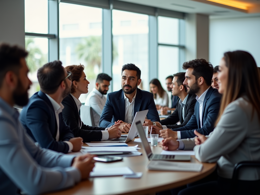 Diverse group of professionals engaged in a discussion around a conference table in a modern office.