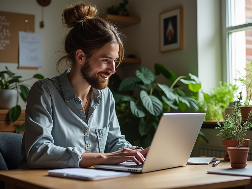 Smiling man with a bun working on laptop in a plant-filled room.