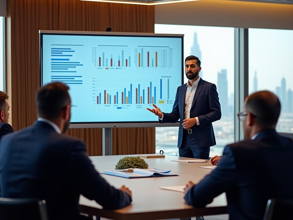 Businessman presenting data charts to colleagues in a conference room with cityscape in background.