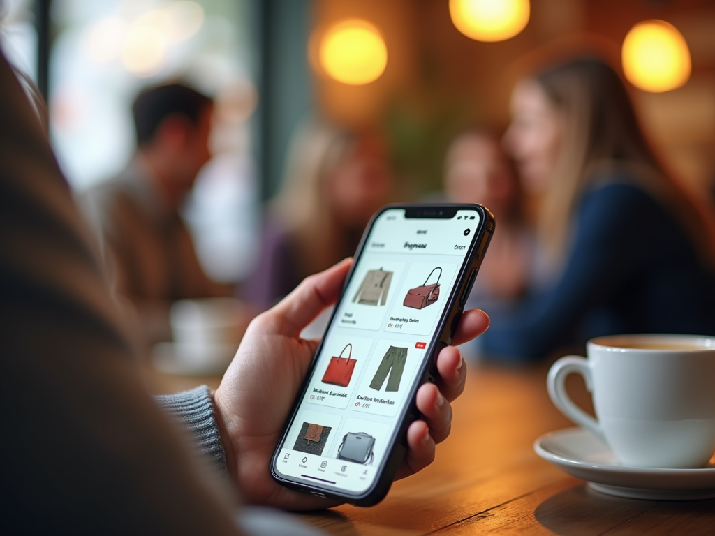 Person browsing a shopping app on a smartphone in a cafe, with friends blurred in the background.