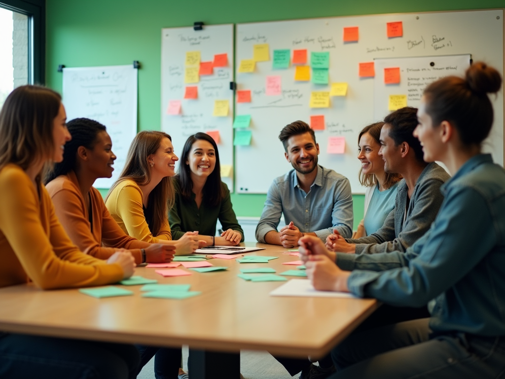 Diverse group of professionals smiling in a meeting with colorful sticky notes on a whiteboard.