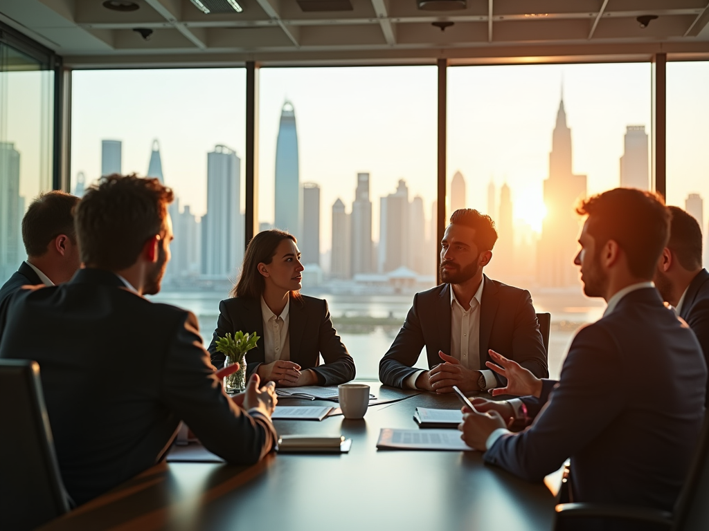 Professionals engaged in a meeting at sunrise with city skyline in the background.