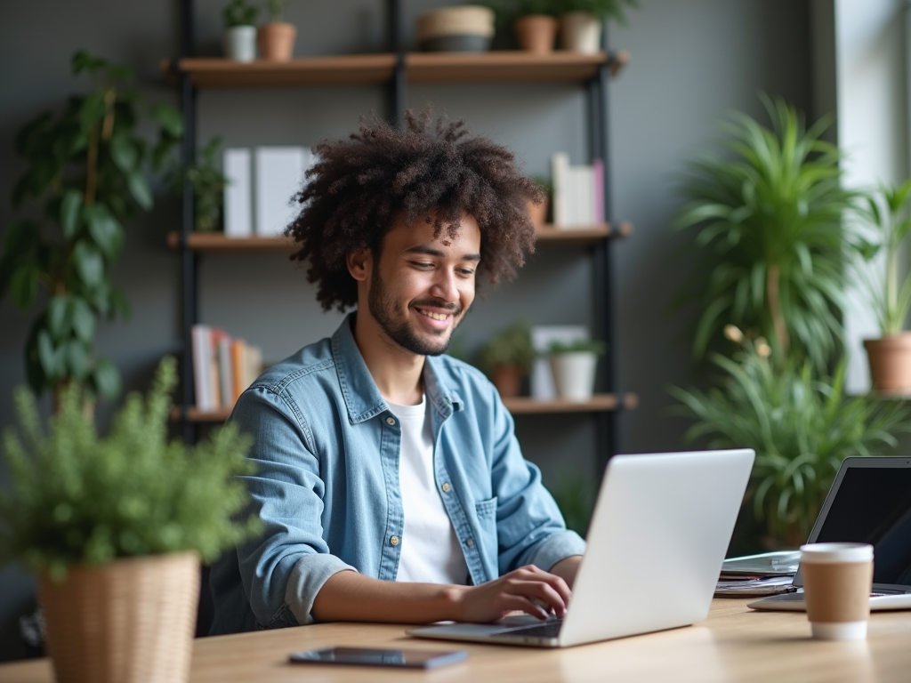 Young man smiling while working on a laptop in a cozy, plant-filled home office.