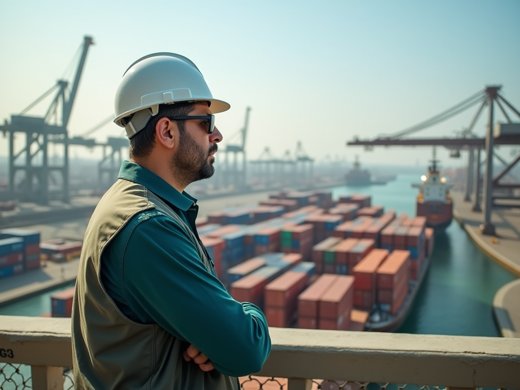 Man with hard hat overlooking a busy cargo port filled with containers.