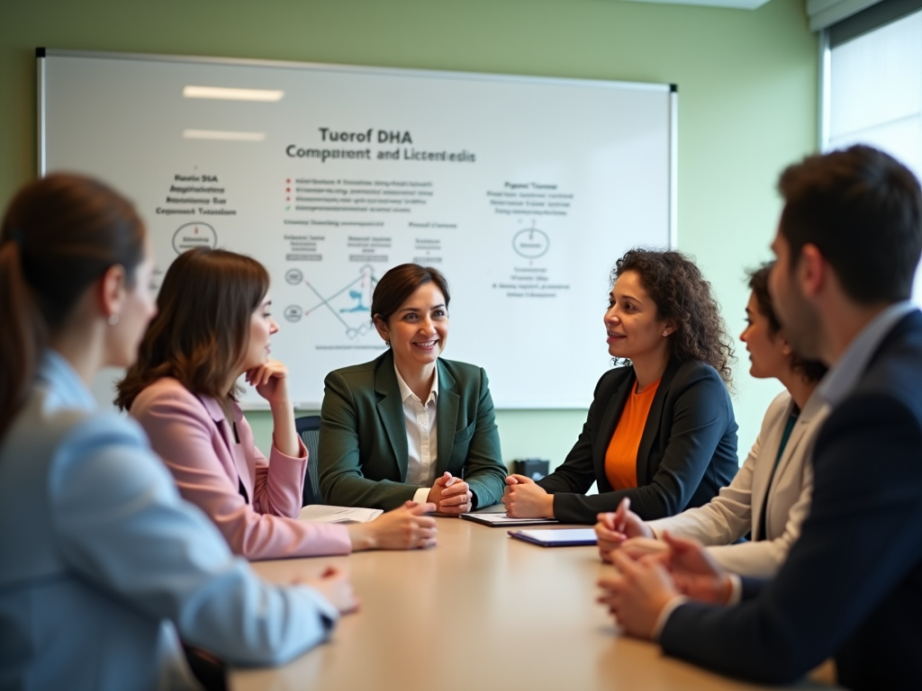 Diverse group of professionals discussing a presentation in a meeting room.