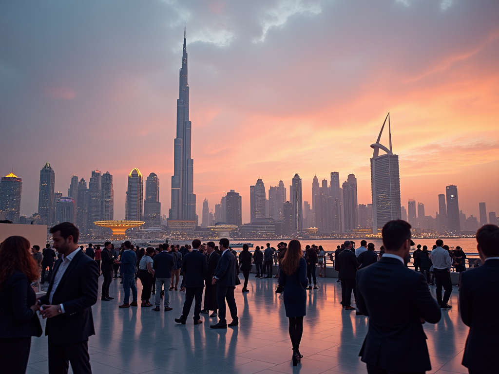 Sunset over Dubai skyline with people gathered at outdoor event, Burj Khalifa in background.