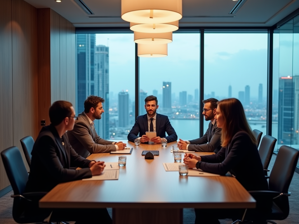 Business meeting in progress in a modern office overlooking a city skyline at dusk.